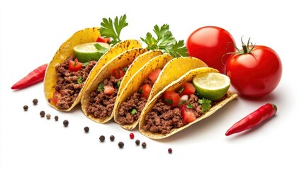 Taco with ingredient tomatoes, taco shells, and meat for cooking isolated on white background, 