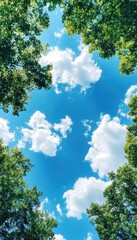 Obraz premium A beautiful view of a blue sky with fluffy white clouds, framed by lush green foliage, captured during a sunny day in the forest.