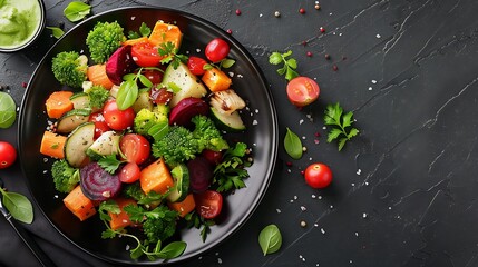 An artistic shot of a dark plate filled with roasted root vegetables including carrots, beets, and sweet potatoes, served cold, set against a dark background,