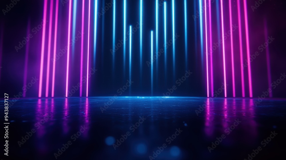 Poster vibrant neon lights in blue and pink creating a futuristic backdrop with a reflective floor, perfect