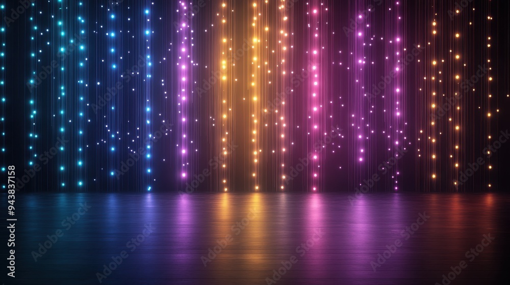Leinwandbilder Vibrant multicolored light backdrop with sparkling vertical lines, creating a mesmerizing and festive atmosphere on a dark reflective surface.