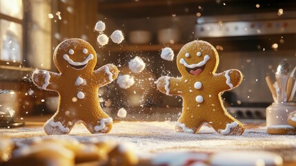 Gingerbread Men Coming to Life and Engaging in a Playful Snowball Fight on a Kitchen Counter