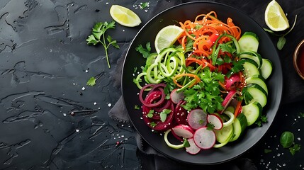 An artistic shot of a dark plate filled with spiralized zucchini, carrots, and beets, lightly dressed with lemon and olive oil, set against a dark background,