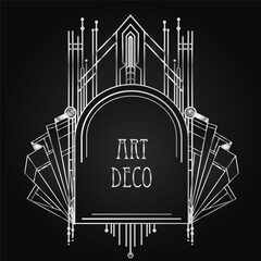 Art Deco vintage silver design element over black. Retro party geometric background set 1920s style. Vector illustration for glamour party, thematic wedding or textile prints.