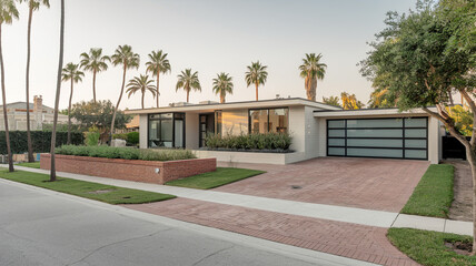 Obraz premium Modern home with a brick driveway, beautifully landscaped yard, and palm trees, featuring a sleek garage door, showcasing an elegant and contemporary residential design