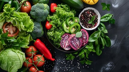 Close-up of a colorful mix of traditional vegetables and exotic fruits such as mango and papaya, set against a dark background, emphasizing the textures and bright colors,