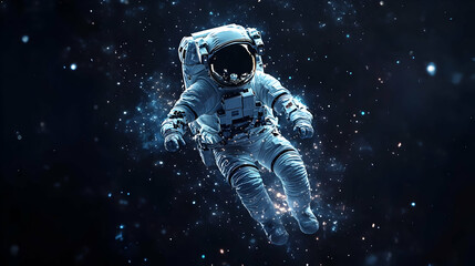 Fototapeta premium Astronaut floating in space, surrounded by glowing particles.