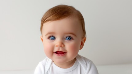 A baby with blue eyes and a smile on his face. The baby is wearing a white shirt and is sitting on a table