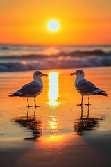 Two seagulls standing on the beach, facing the sunset.