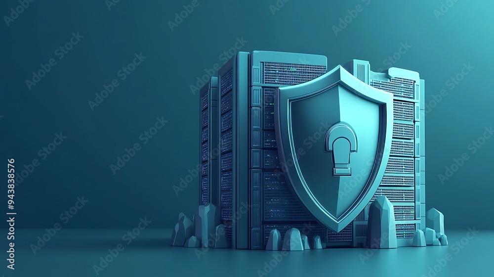 Poster data server security concept with shield and database server, symbolizing data protection and cybers