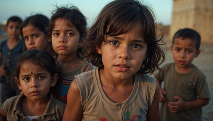 Children amongst refugees, scared faces, lost hope