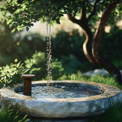 Fototapeta premium A stone fountain with water flowing from the top.