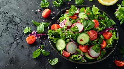 Close-up of a fresh herb-infused salad with parsley, cilantro, basil, and crunchy vegetables, lightly dressed in lemon vinaigrette, set against a dark background, emphasizing the textures and colors,