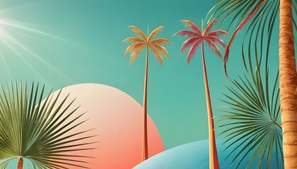 Colorful sunset over a tropical beach with vibrant palms and foliage during a serene evening poster