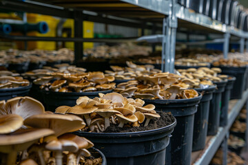 Indoor mushroom farm utilizing organic waste as substrate for mushroom cultivation.Buckets filled with various types of mushrooms sit on a shelf