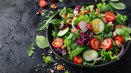 Close-up of a fresh salad with mixed greens, nuts, and seeds, topped with a honey mustard dressing, set against a dark background, emphasizing the textures and vibrant colors,
