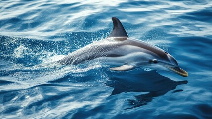 A solitary dolphin swimming near the surface, its dorsal fin slicing through the water