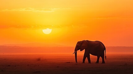 A solitary elephant walking through a vast, dry savannah at sunset, its silhouette cast against the fading orange sky, representing the loneliness of the wild.