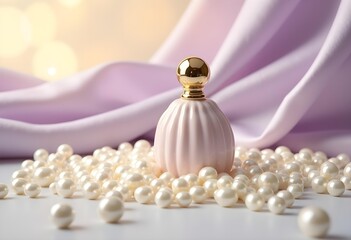 Elegant Perfume Bottle with Pearls and Soft Draped Fabric Background