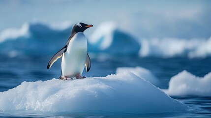 Fototapeta premium A solitary penguin standing on an ice floe, with the vast ocean stretching out behind it