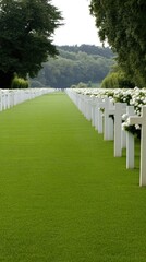 Crosses stand in neat rows at an American war cemetery in Normandy, adorned with flowers, reflecting a poignant tribute to the soldiers who sacrificed their lives