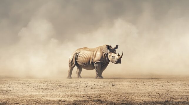 A solitary rhinoceros standing in a dusty plain, its massive form dominating the barren landscape around it.