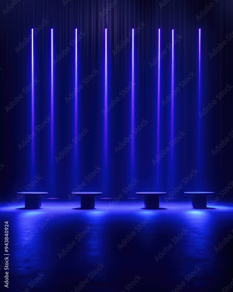 Poster Modern abstract installation with blue neon lights and stools in a dark room creating a futuristic atmosphere, minimalistic and stylish design.