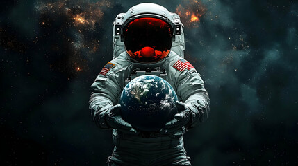 Fototapeta premium Astronaut holding Earth in space with American flag patches on suit.