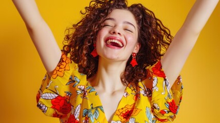 A cheerful woman in yellow