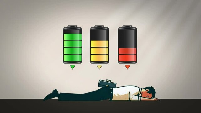 Animation of a businessman who is tired of working without time limits, symbolized by a battery that is almost empty