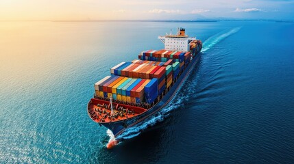 Obraz premium Cargo ship loaded with containers sailing across the ocean, representing international trade and export-import business