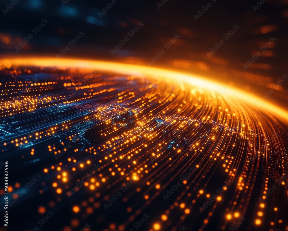 Poster glowing lines representing data transmission and futuristic technology, highlighting the emerging tr