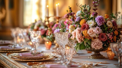 fine dining experience, indulge in a lavish dining experience in a magnificent banquet hall, featuring elegant table settings adorned with stunning floral displays and crystal glassware