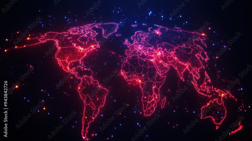 Poster glowing digital world map in red neon. global network and technology concept. futuristic visualizati