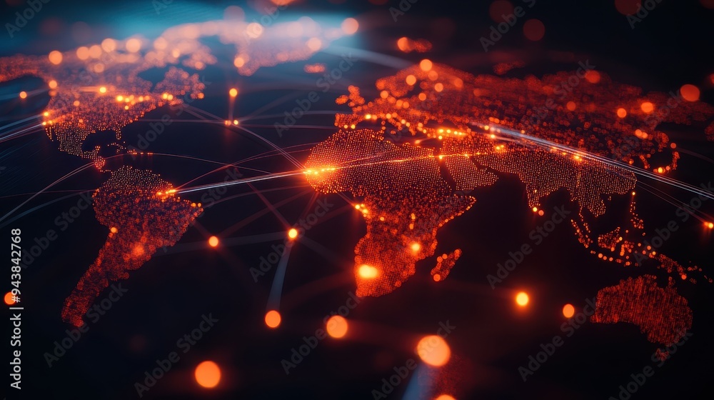 Fototapete Global network visualization showing interconnected continents and data exchange represented by glowing nodes and lines on a digital map.
