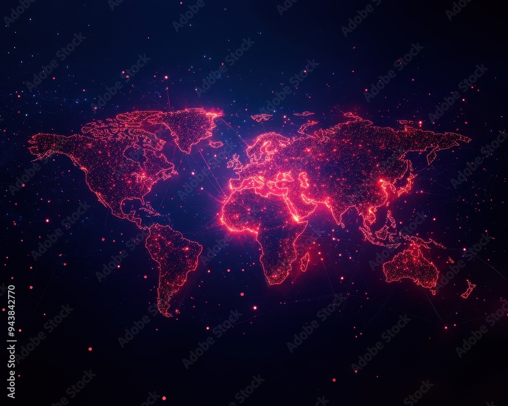 Leinwandbilder glowing digital world map with neon red lines on dark blue background, representing global connectio
