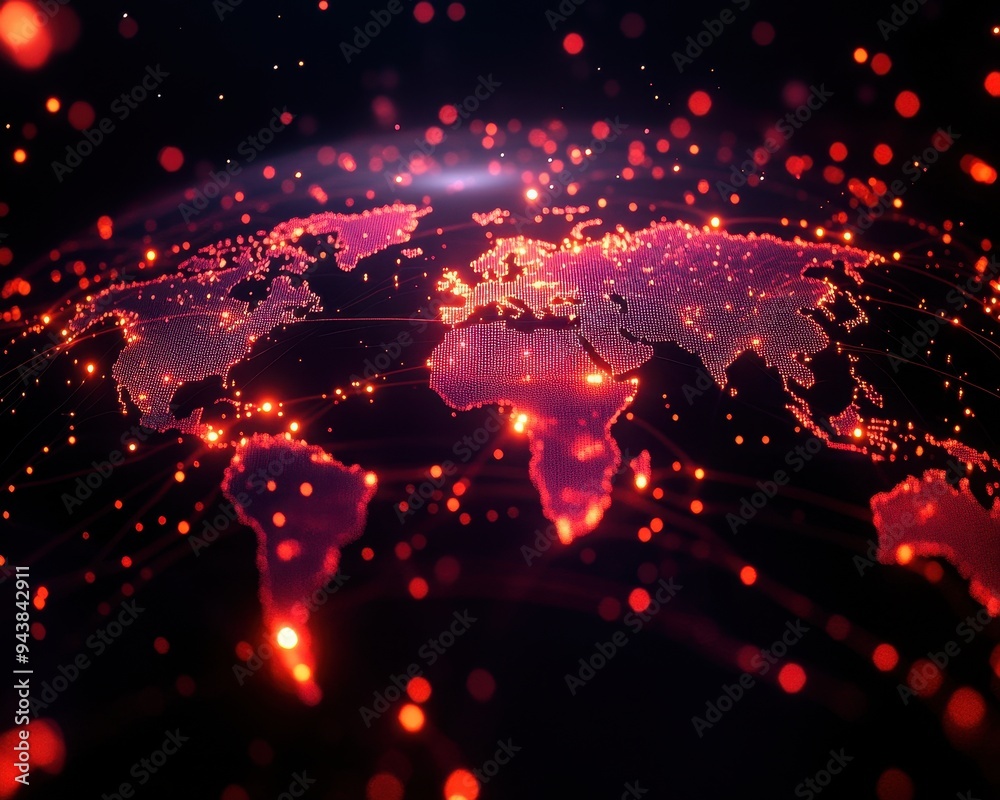 Aufkleber Glowing digital earth map with data points, representing global connections and technology in a futuristic network.