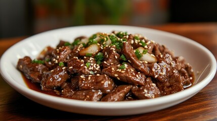 Delicious teriyaki beef topped with sesame seeds and chopped onions, served on a white plate against a dark wooden table, beautifully presented with ample copy space.