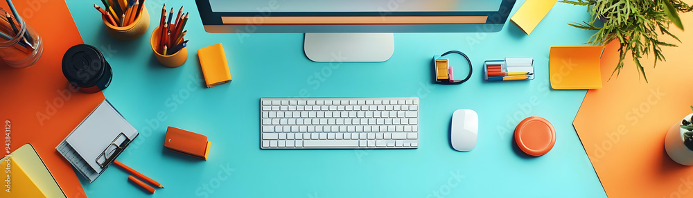 Fototapete person with computer and office supplies for it service concept as a person using a computer with of