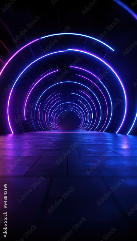Poster futuristic neon-lit tunnel with vibrant purple and blue circular lights creating a mesmerizing and i