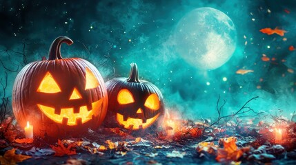 Obraz premium Jack Oâ€™ Lanterns Glowing At Moonlight In The Spooky Night