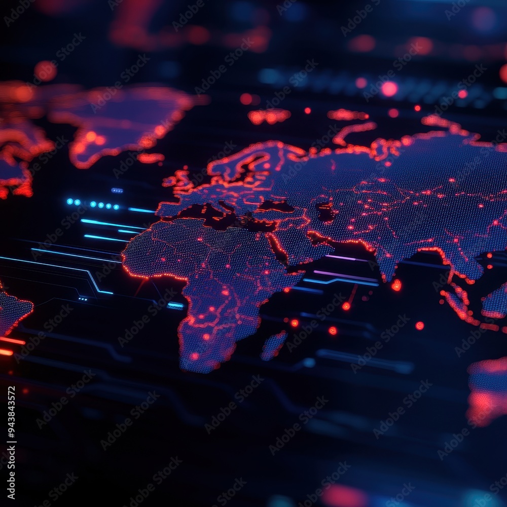 Aufkleber futuristic digital world map glowing red, symbolizing global connections and technological advanceme