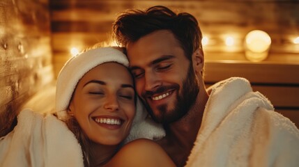 Handsome young couple relaxing in the sauna
