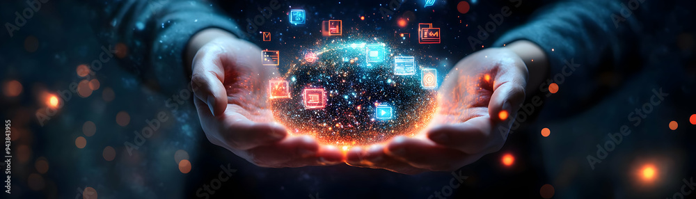 Poster person with magic laptop and floating tech icons concept as a person holding a magic laptop with flo