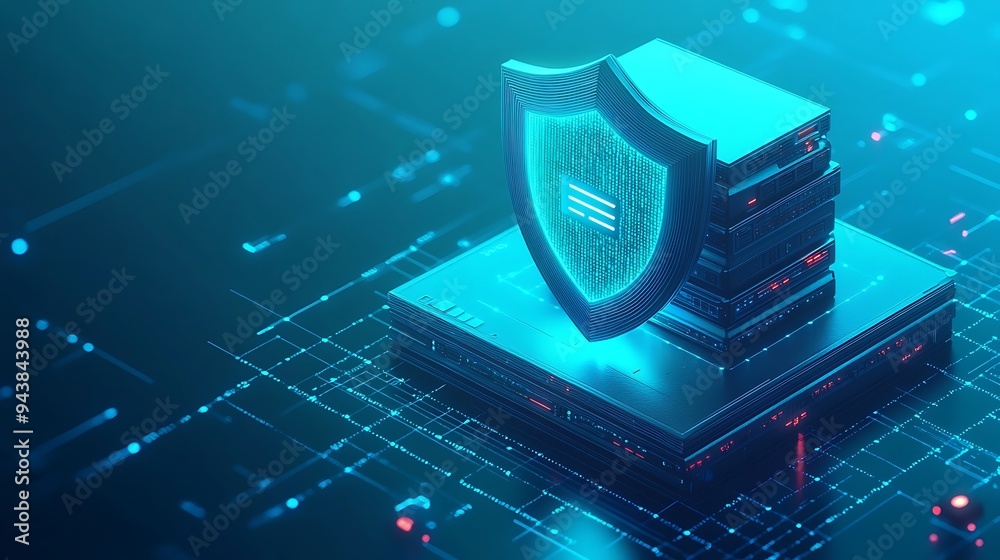 Poster digital security concept with shield over servers, representing data protection and cybersecurity in