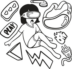 Hand-drawn gaming vector set with consoles, controllers, and gamer icons. Perfect for creating fun, nostalgic designs for gamers, streamers, and video game-themed projects