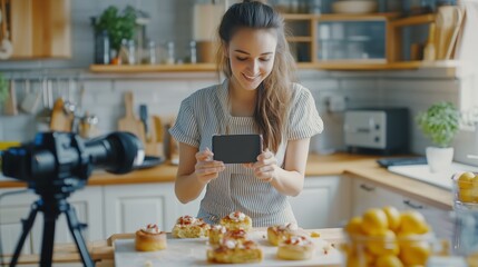 A young woman captures delicious pastries with her smartphone in a modern kitchen filled with natural light