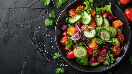 Freshly roasted root vegetables like carrots, beets, and sweet potatoes, served cold on a dark plate with a dark background, highlighting the vibrant colors and crisp textures, with natural,