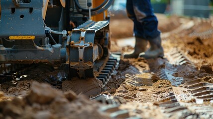 A close-up of a trencher machine's blade in action, with a worker standing by for safety