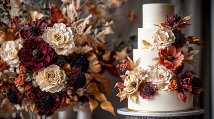 autumn wedding cake, an elaborate autumn wedding cake featuring jewel-tone sugar flowers, gold leaf accents, and intricate piping details, designed as a striking focal point on the dessert table